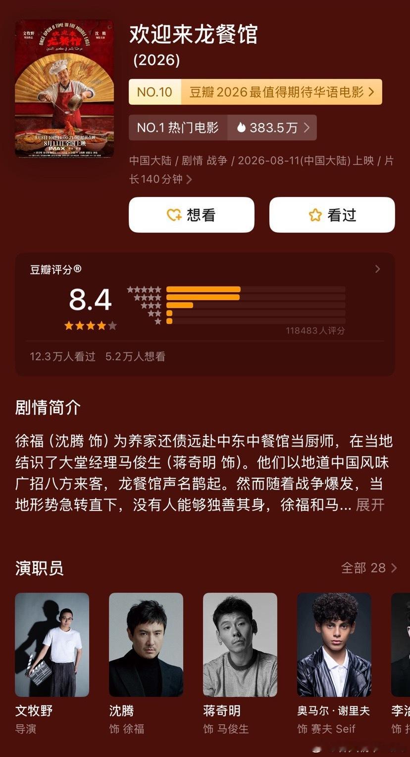 《欢迎来龙餐馆》豆瓣开分8.4，今年暑期档评分最高的新片了 