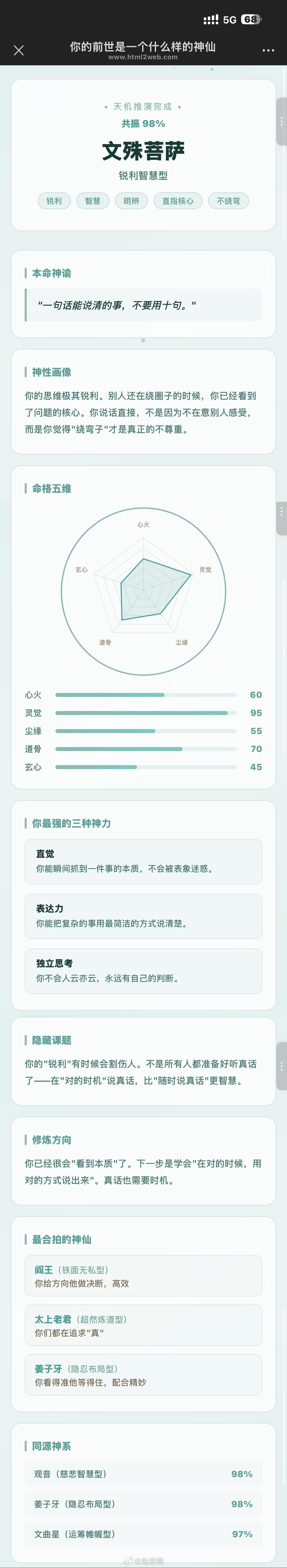 很爱买点小测试然后分享给大家做着玩……我是文殊菩萨！网页链接（⬆️点击链接进入测