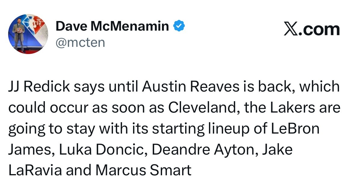 雷迪克表示，在里夫斯回归之前（最早可能在克利夫兰骑士队复出），湖人队将继续沿用詹