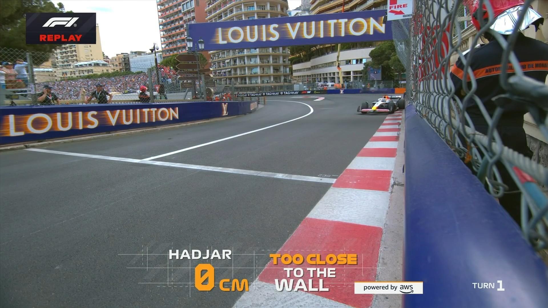 F1 哈贾尔在1号弯左后轮撞墙，悬架受损。2025F1摩纳哥大奖赛 ​​​