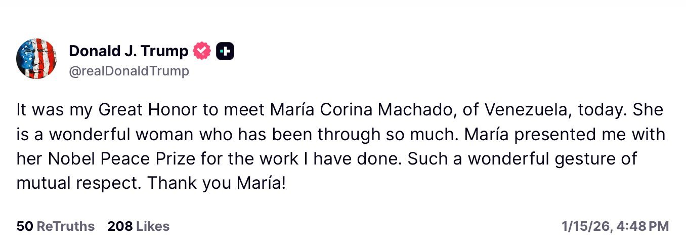 1月15日，美国总统特朗普在社交媒体发文表示：今天能见到来自委内瑞拉的玛丽亚·科