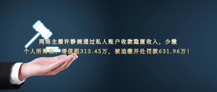 网络主播许静婉通过私人账户收款隐匿收入，少缴个人所得税、增值税313.45万，被