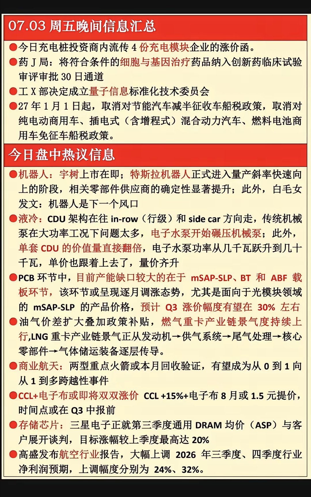 7.03周五  晚间：财经热点信息汇总！1.充电桩2.宇树科技3.液冷服务器4.