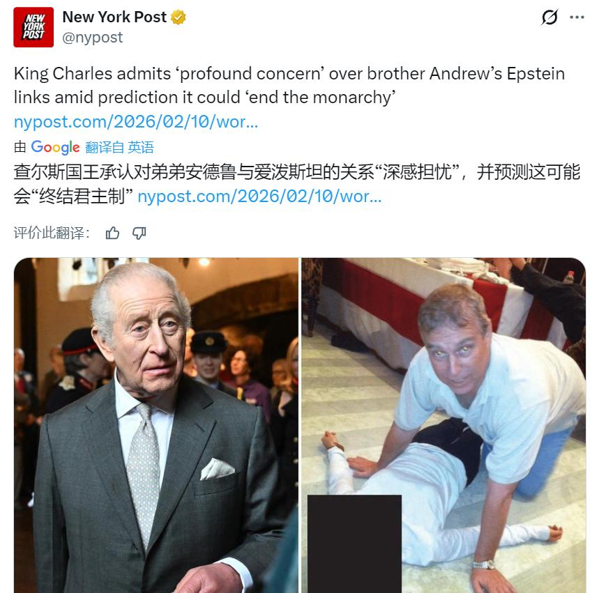 美媒：查尔斯国王承认对弟弟安德鲁与爱泼斯坦的关系“深感担忧”，并预测这可能会“终