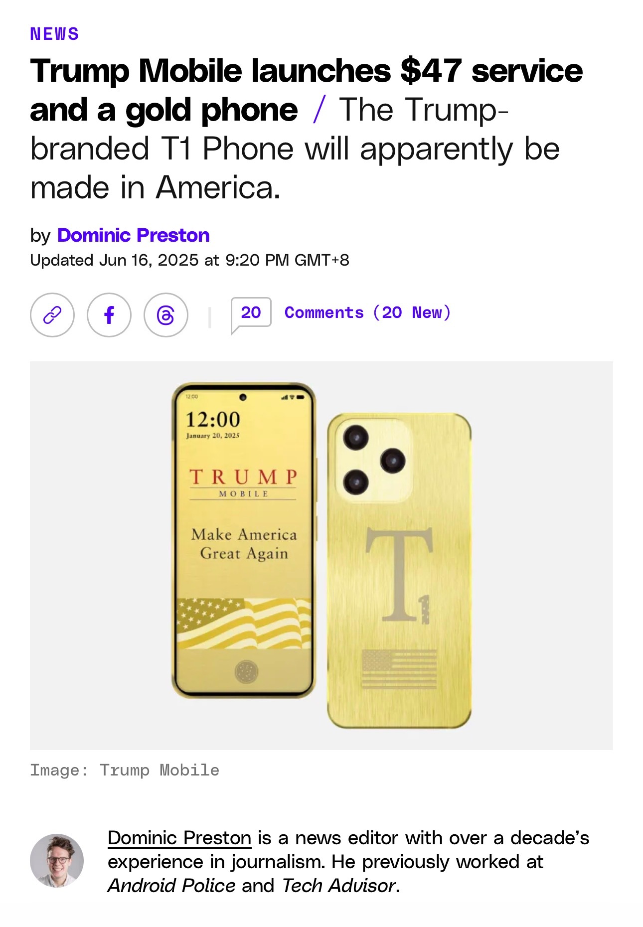川普集团计划在8月发布一款名为“T1 Phone”的手机，这款手机主打高性能、外
