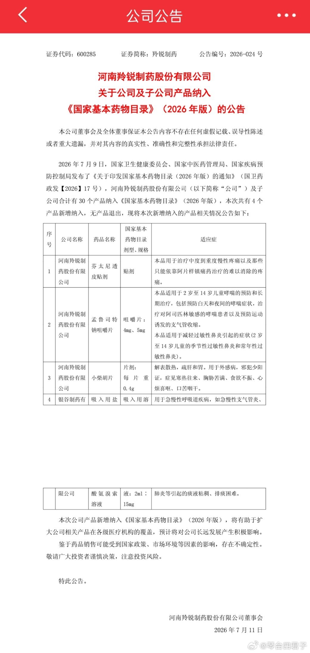 2026 基药目录 794 个， 净增 109，新增 116 个。羚锐合计 30