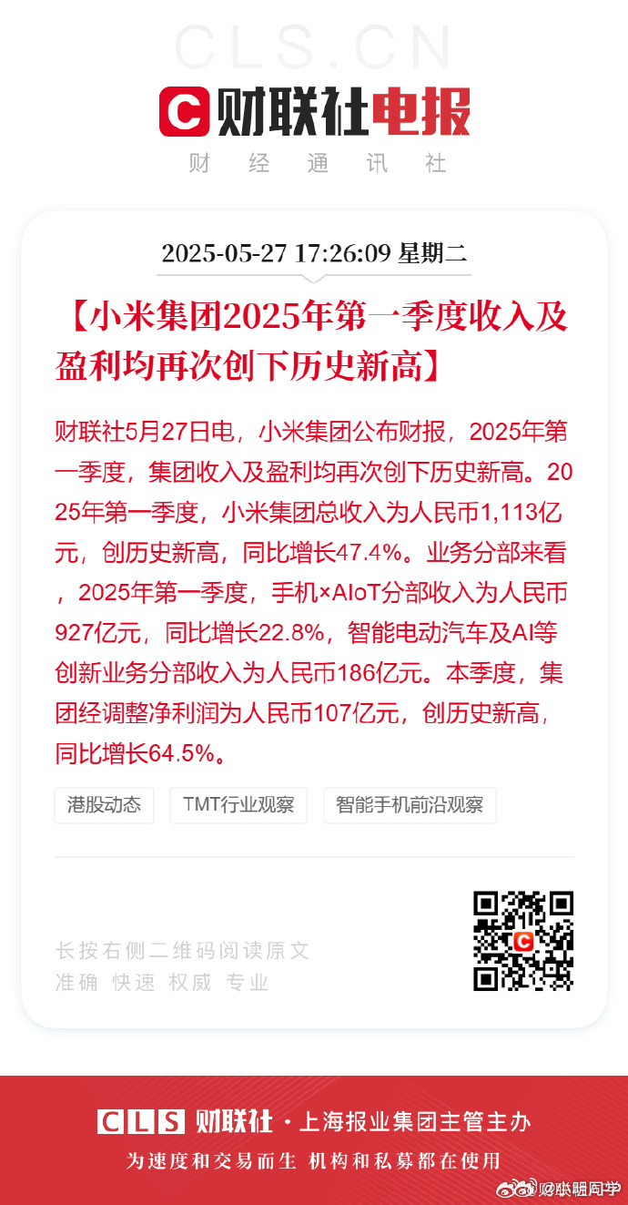 小米集团第一季度营收1112.9亿 小米集团公布了2025年第一季度财报。财报显