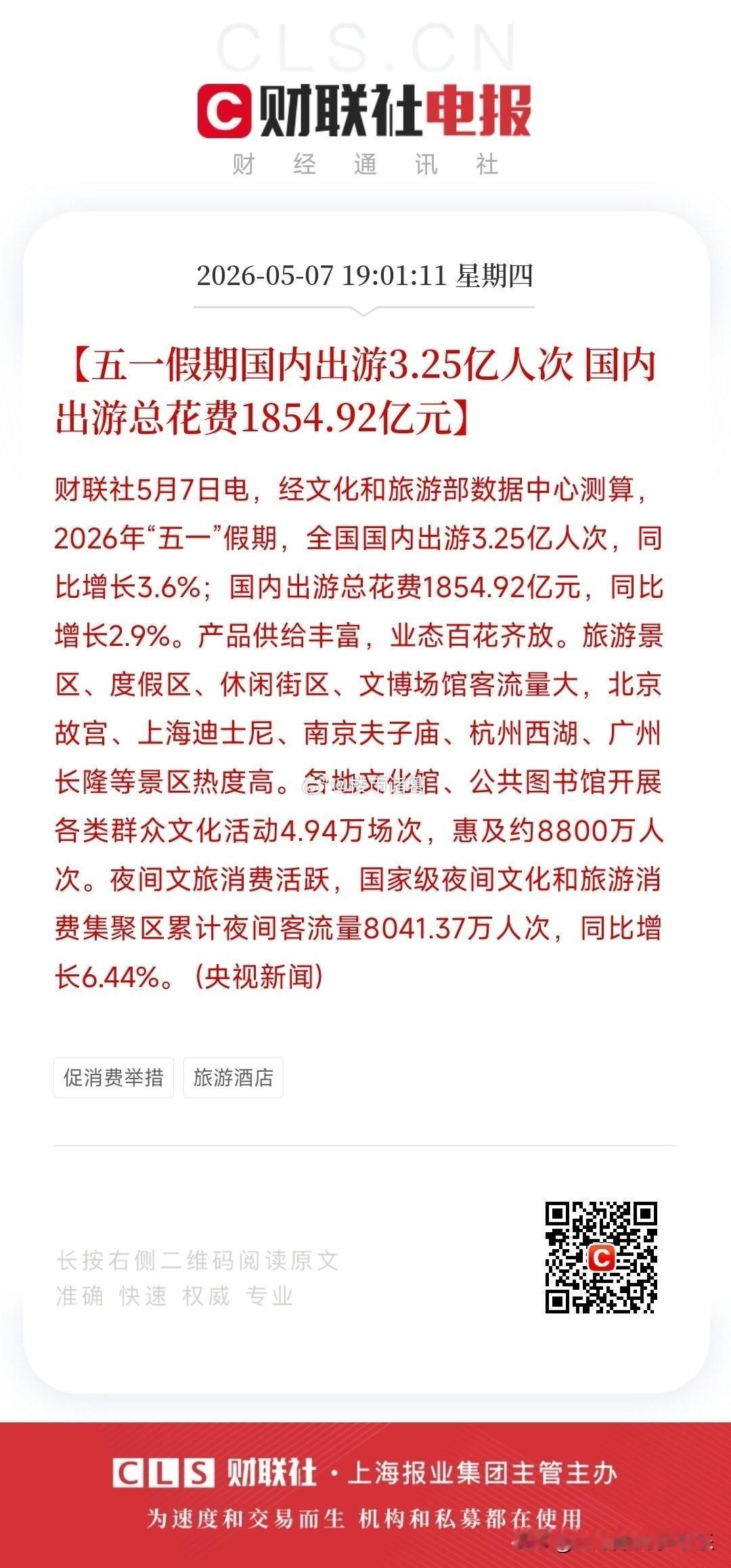 五一假期国内出游3.25亿人，同比增长3.6%…