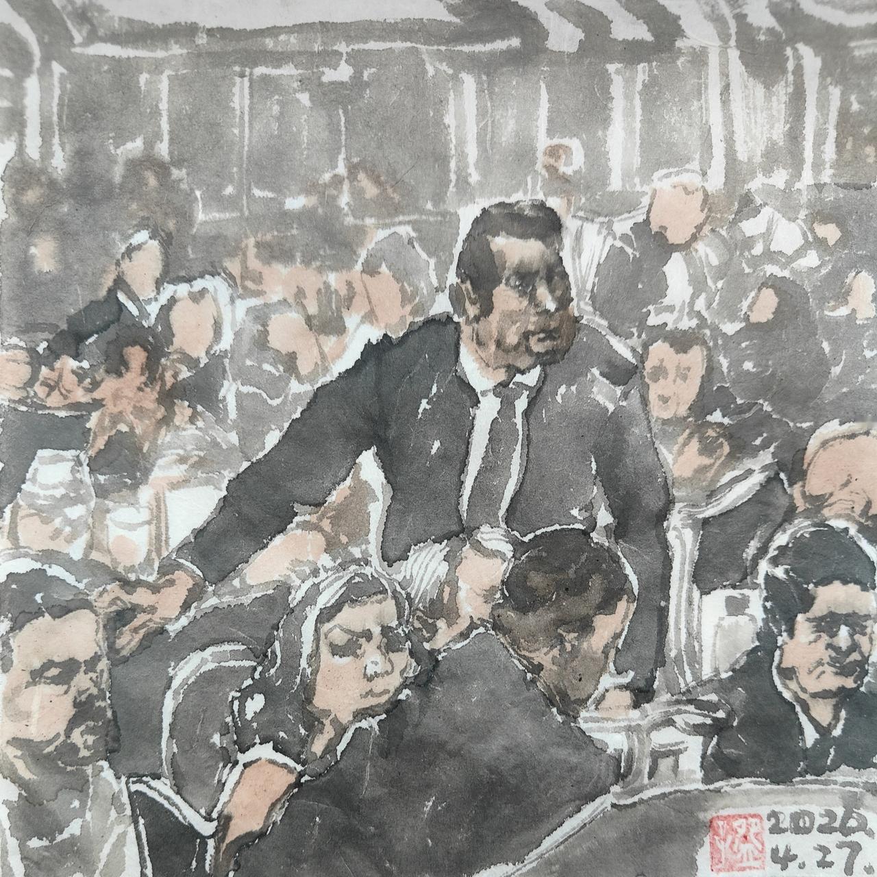 碗子的纸片水墨《白宫记者协会晚宴枪声系列之观察局势的战争部长赫格塞斯》