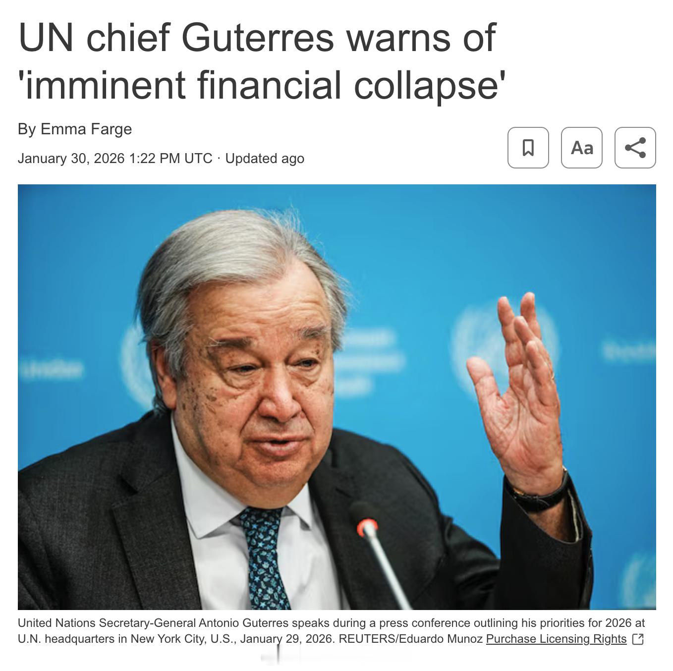 联合国秘书长Antonio Guterres在一封致各成员国的信中警告称，联合国