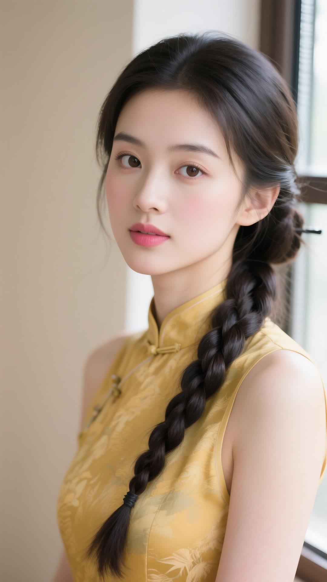 温柔古典的东方美人，一袭黄色旗袍，优雅动人。