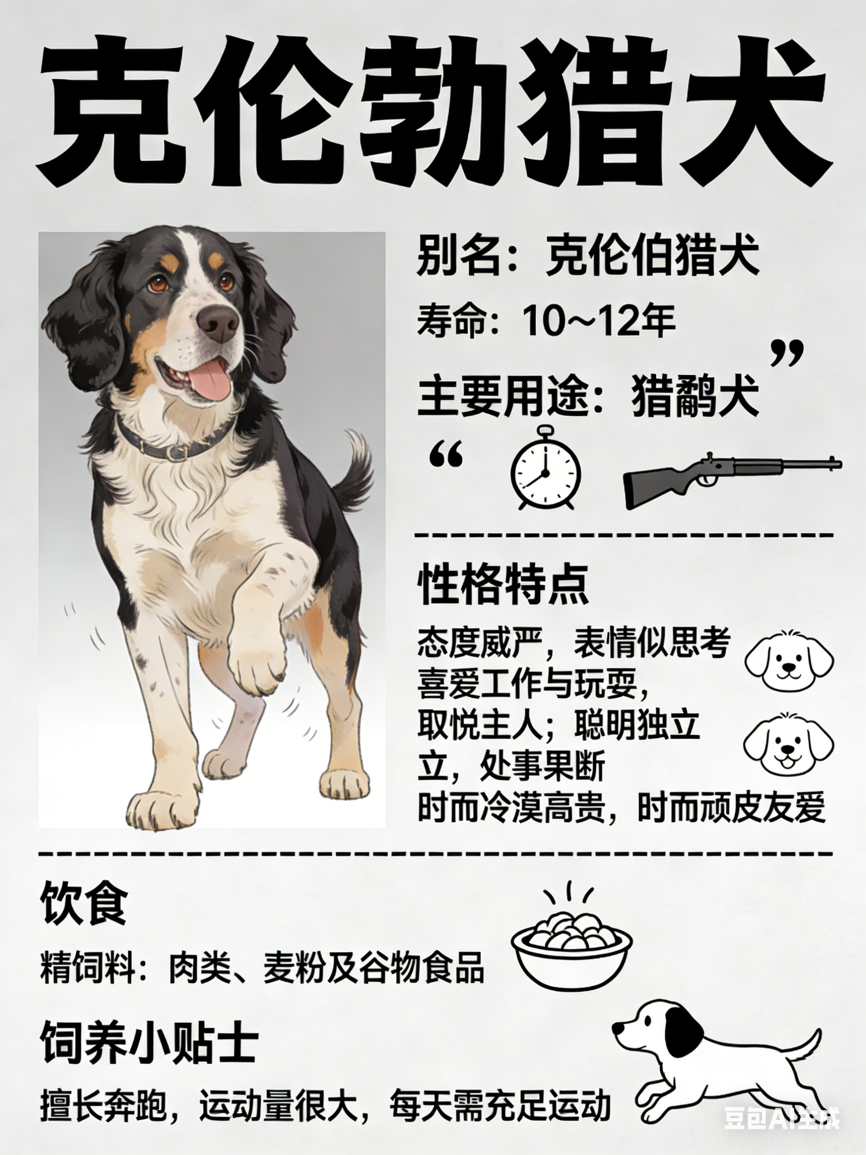 我AI的动物 克伦勃猎犬别名：克伦伯猎犬寿命：10～12年主要用途：猎鹬犬克伦勃