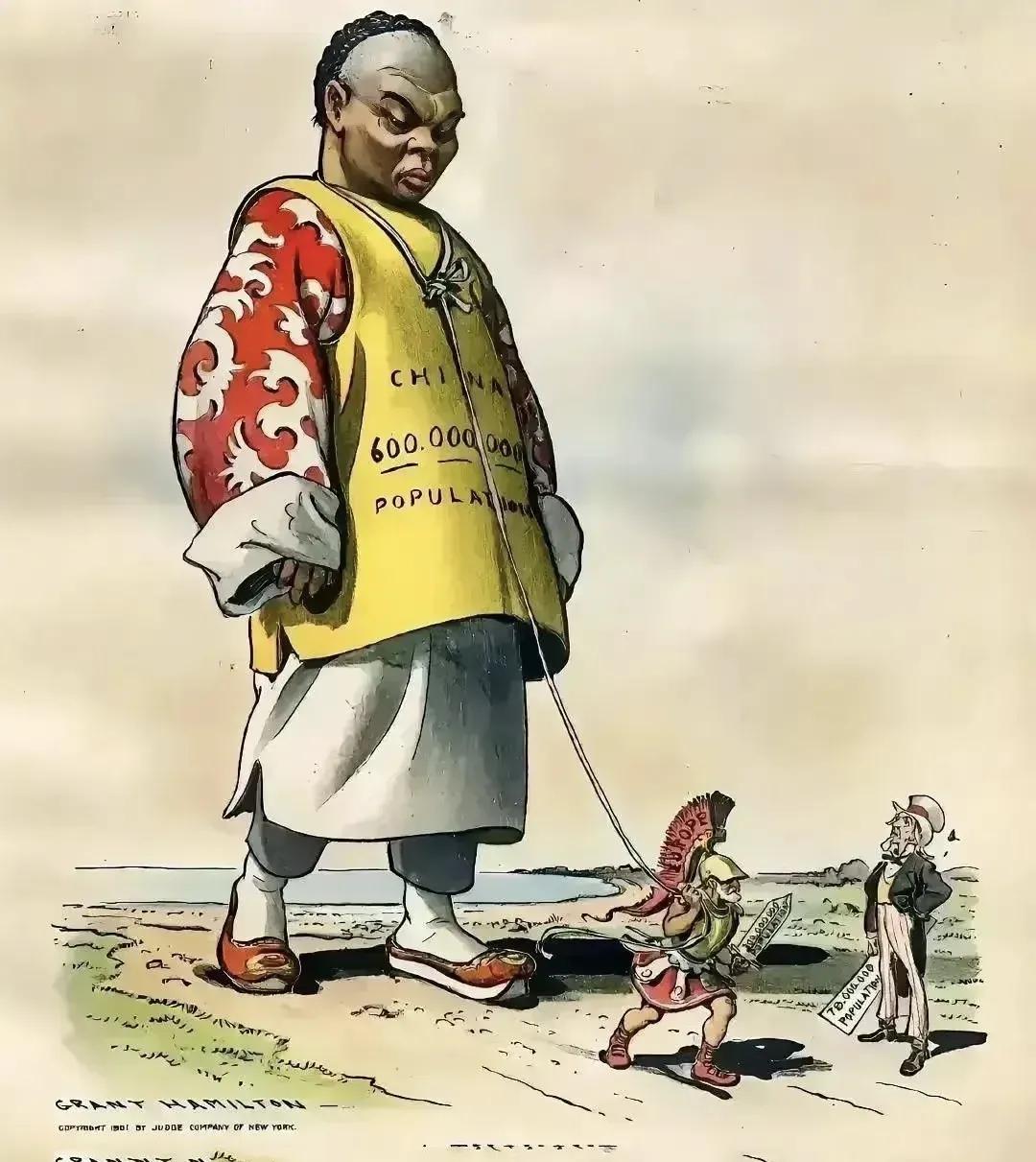 这是一幅1901年美国人画来讽刺当时中国的漫画，真的太耻辱了！

漫画里描述的是