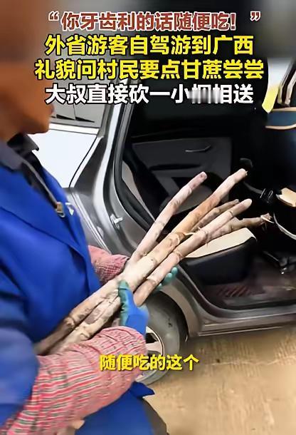 格局打开了！

男子自驾游去广西玩，途中看到村民在砍甘蔗，就礼貌询问，想要点甘蔗