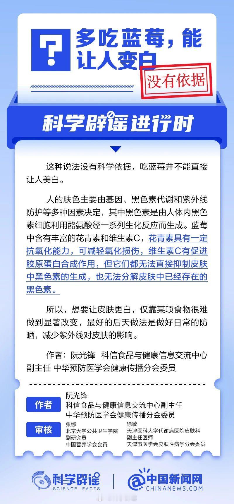 科学辟谣进行时 【多吃蓝莓能让人变白？没有依据】人的肤色主要由基因、黑色素代谢和