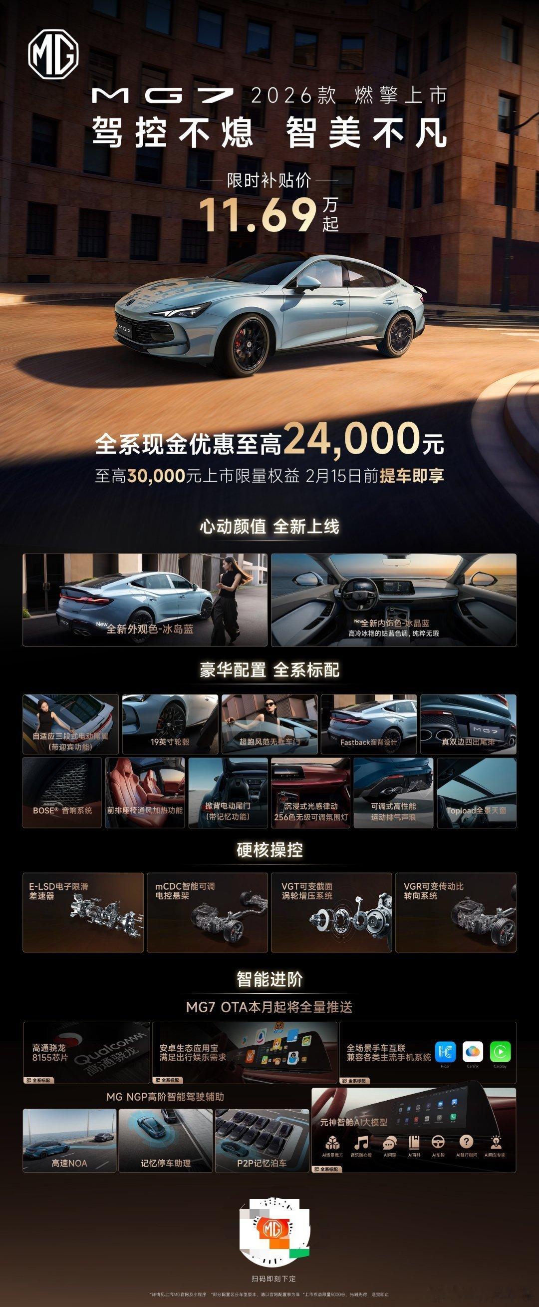 MG7 2026款限时补贴价11.69万元起，全系标配大家看图，分量挺足！MG7