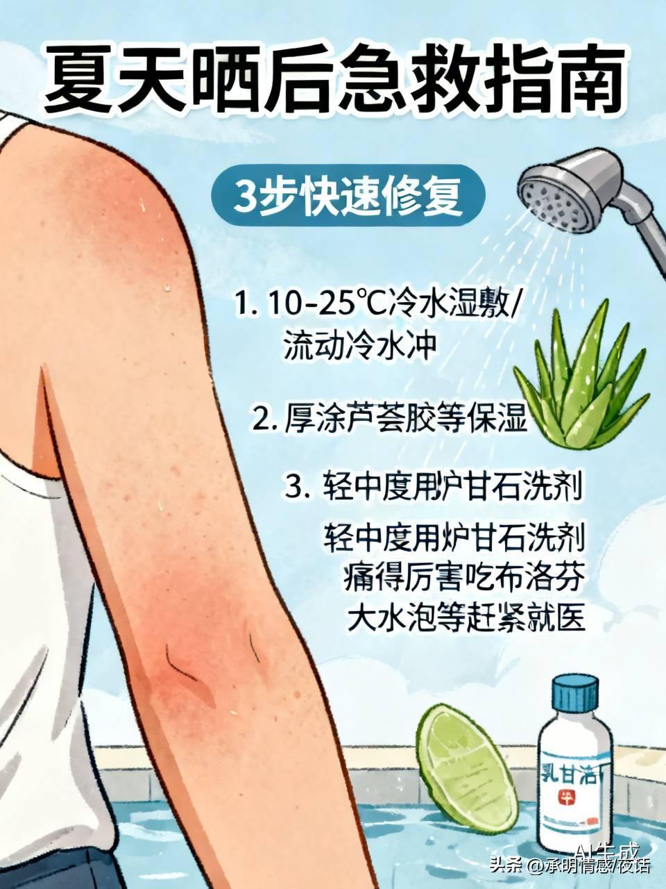 夏天晒后急救指南来啦！皮肤发红发烫别慌，3步快速修复，恢复白白嫩嫩。
晒伤发红现