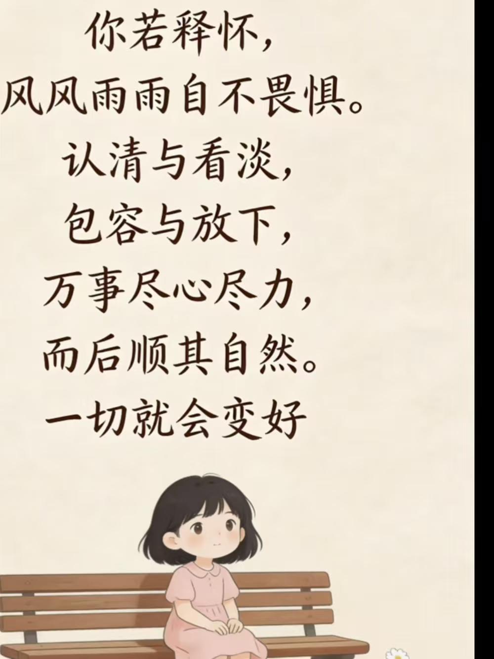 金字经·自宽
看淡烟云事，
释怀风雨时。
眼底千般一笑之。
痴，休教眉上栖。
陶