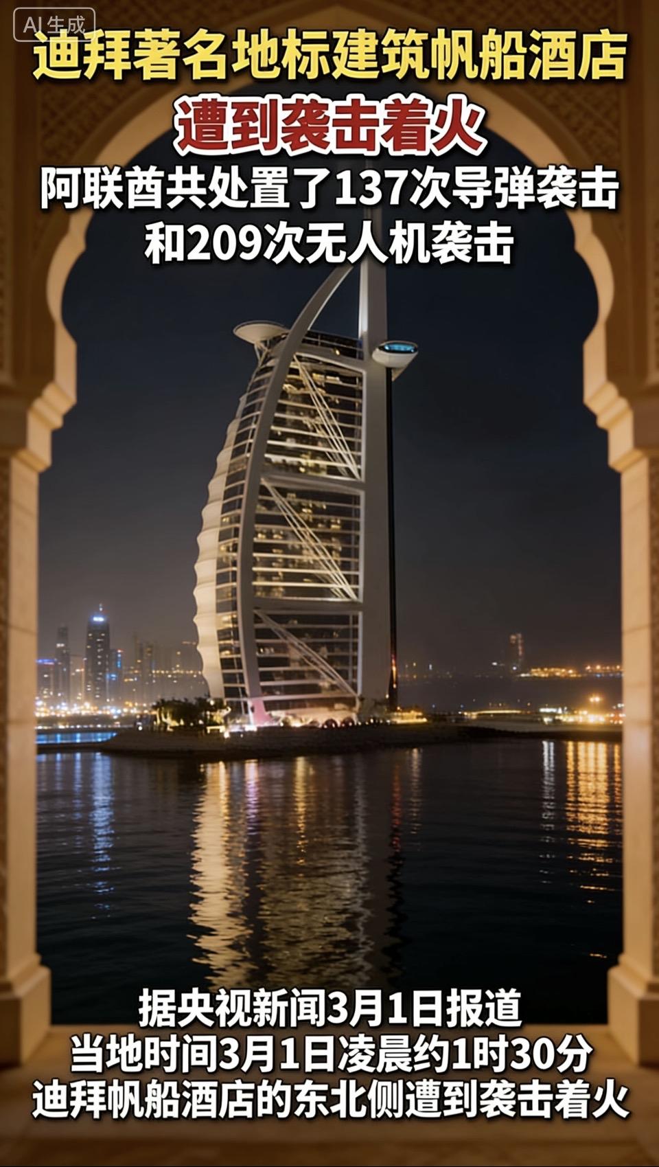 奢华地标帆船酒店的宁静夜空被火光撕裂，当地时间3月1日凌晨约1时30分，其东北侧