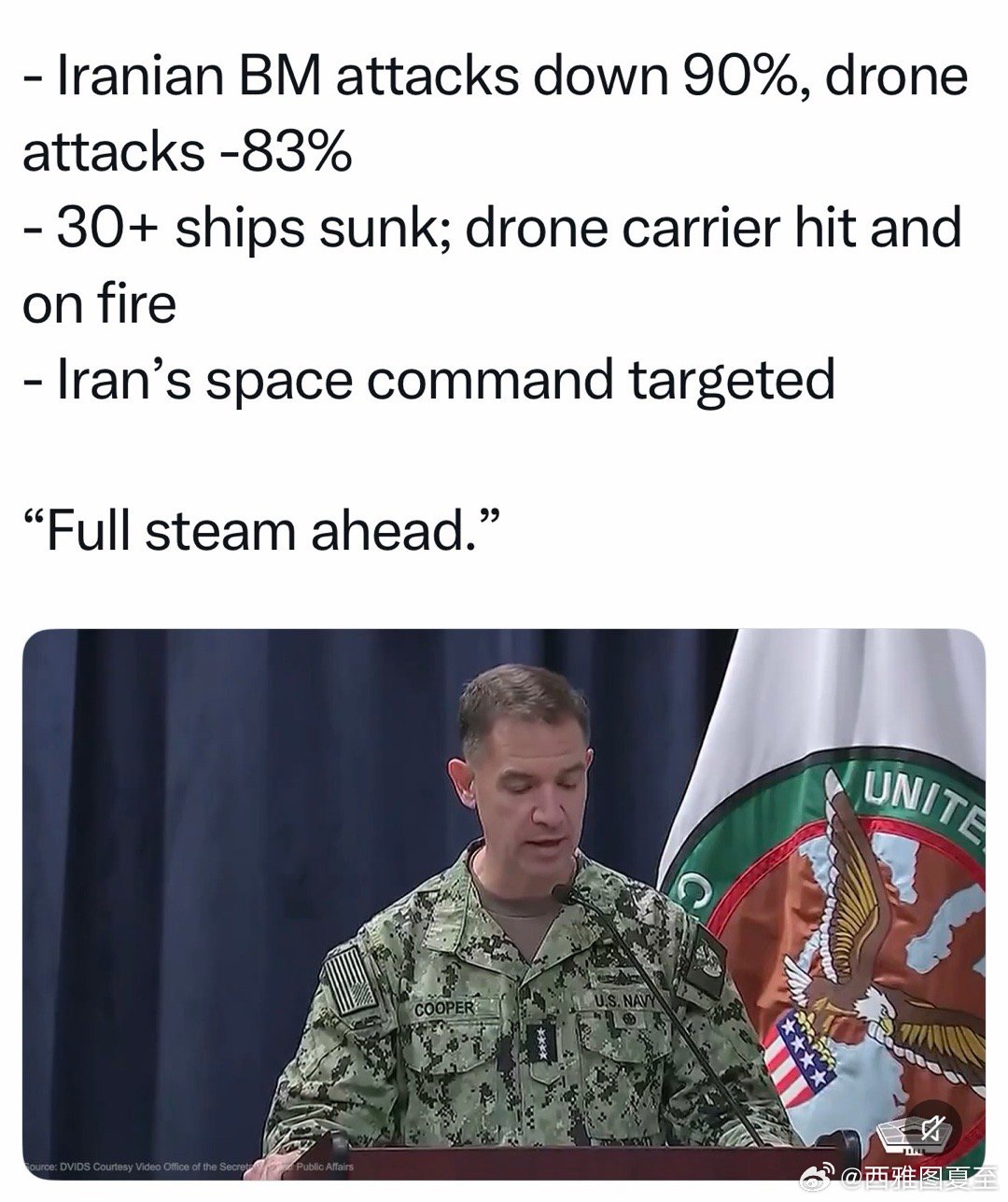 美军中央司令部：行动第六天，伊朗弹道导弹发射量，比第一天下降90%，无人机发射量