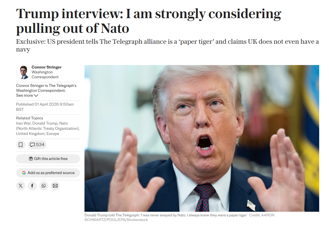 【特朗普：正认真考虑退出北约 北约是“纸老虎”】特朗普称北约是纸老虎据英国《每日