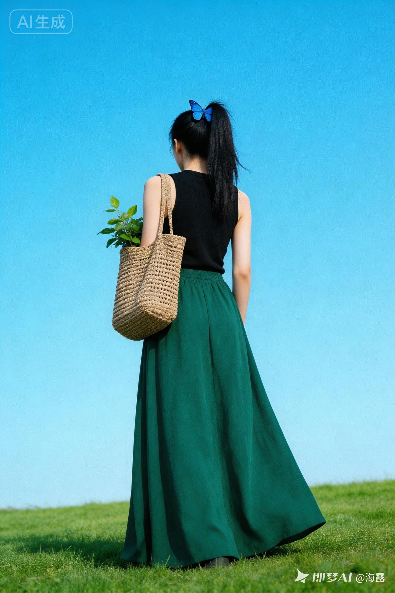 美女背影，蓝蝴蝶结扎马尾，黑无袖上衣配深绿飘逸长裙，肩挎卡其编织包。草地蓝天为景