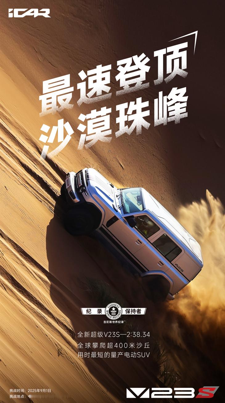 超级V23用2:38.34的成绩登顶沙漠珠峰，创造了新的吉尼斯世界纪录。百万级硬