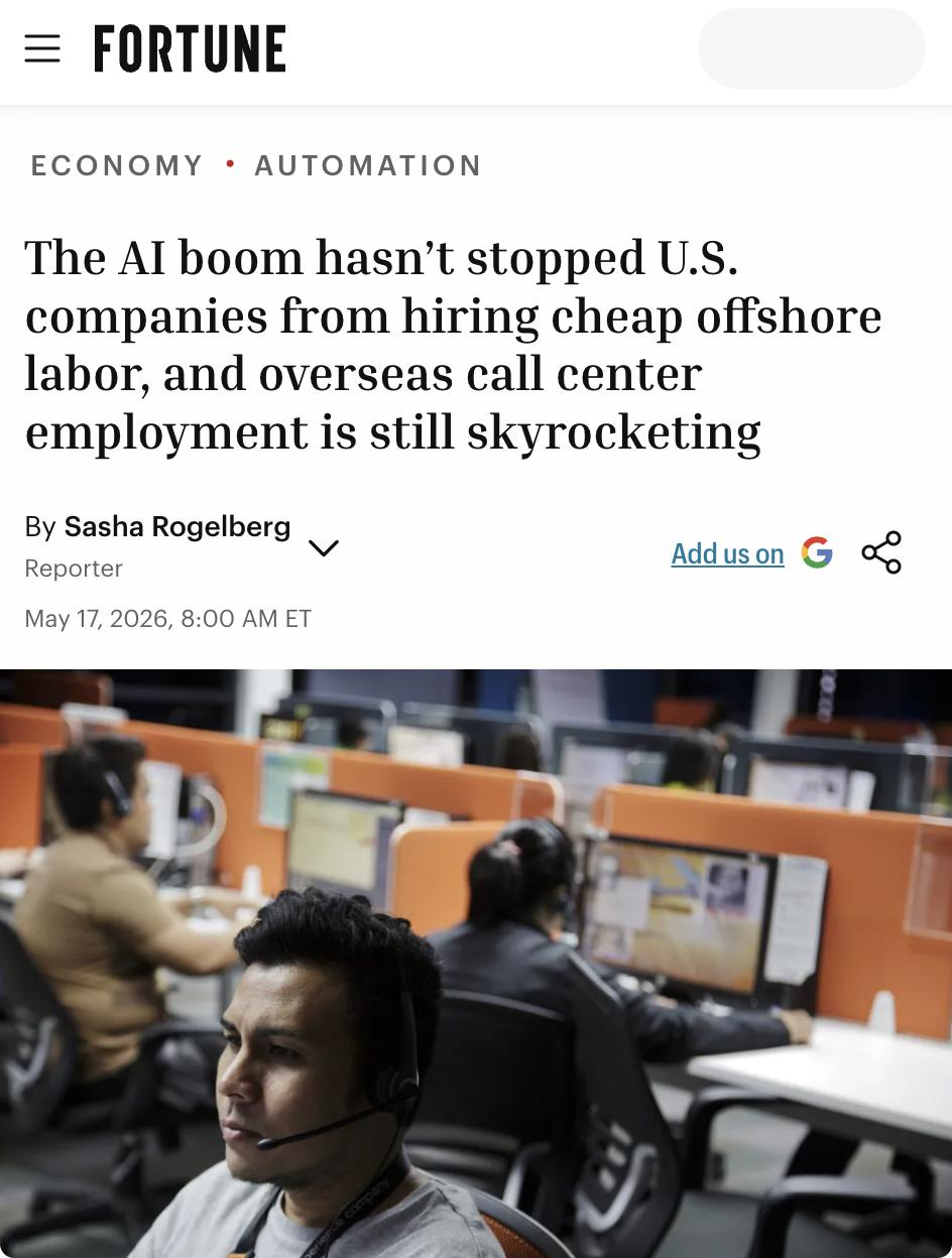 美媒：尽管AI热潮席卷全球，美国企业仍在大量雇佣廉价海外劳动力，菲律宾和印度的呼