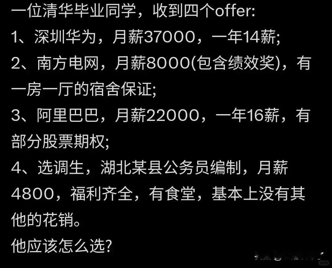 深圳的一位网友是清华毕业的，目前收到了4个offer，待遇最好的是华为，月薪37