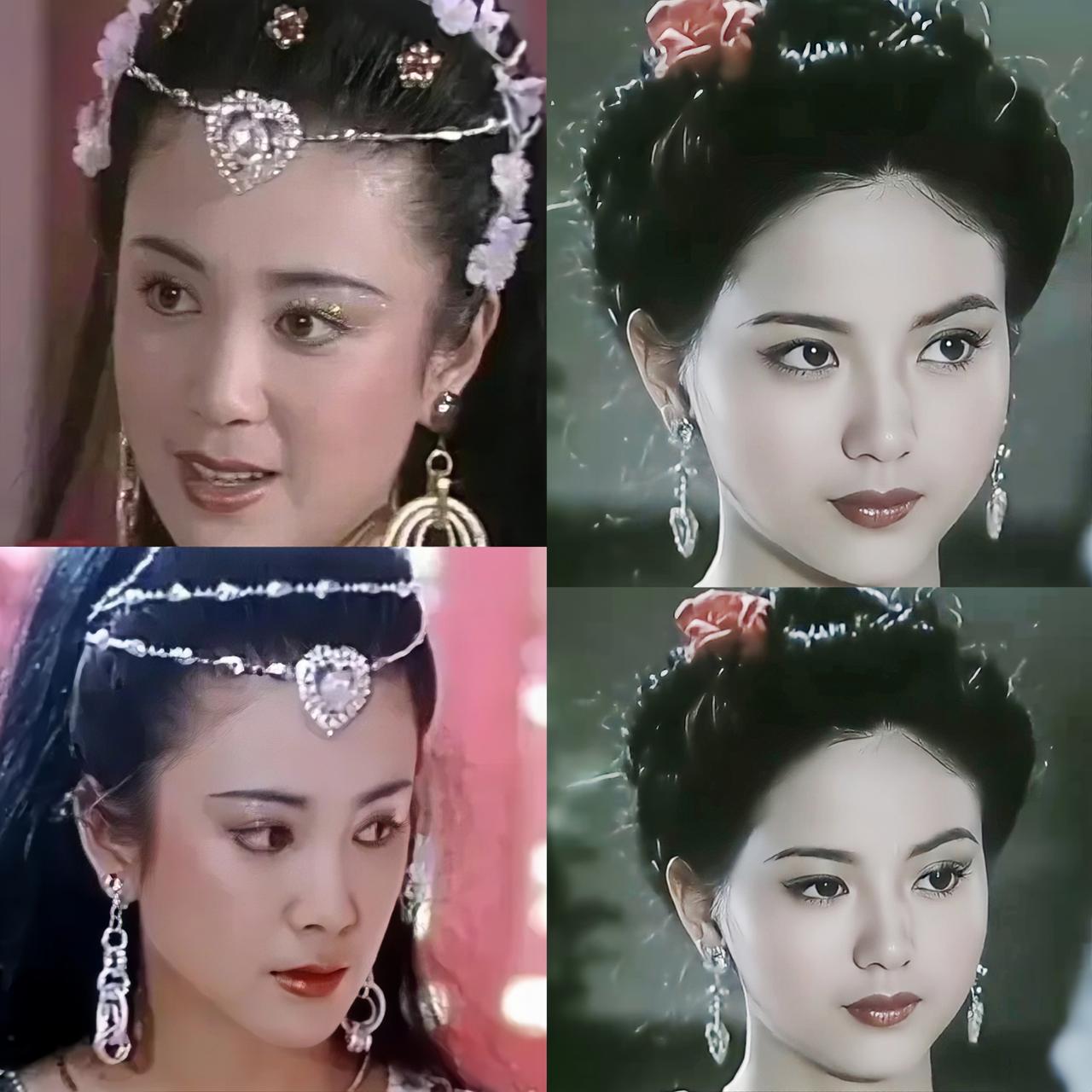 翻到旧照才发现，陶慧敏年轻时竟有过近于傅艺伟版苏妲己的妆造。薄丝巾覆发，配着带年