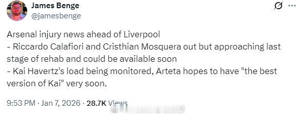 记者James Benge透露枪手目前伤病情况：卡拉菲奥里和莫斯克拉虽然无缘本场