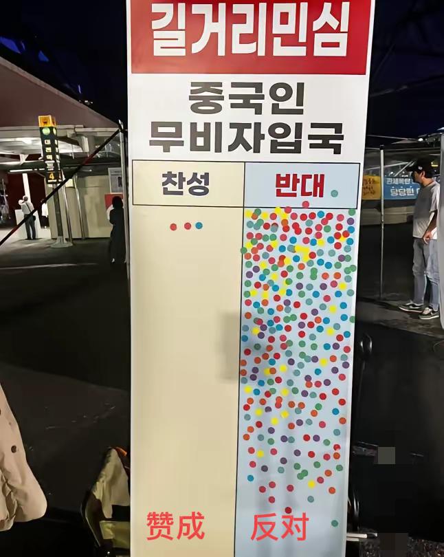 这是一张韩国街头的民意调查，左边是支持中国人免签，右边是不支持中国人免签。
看着