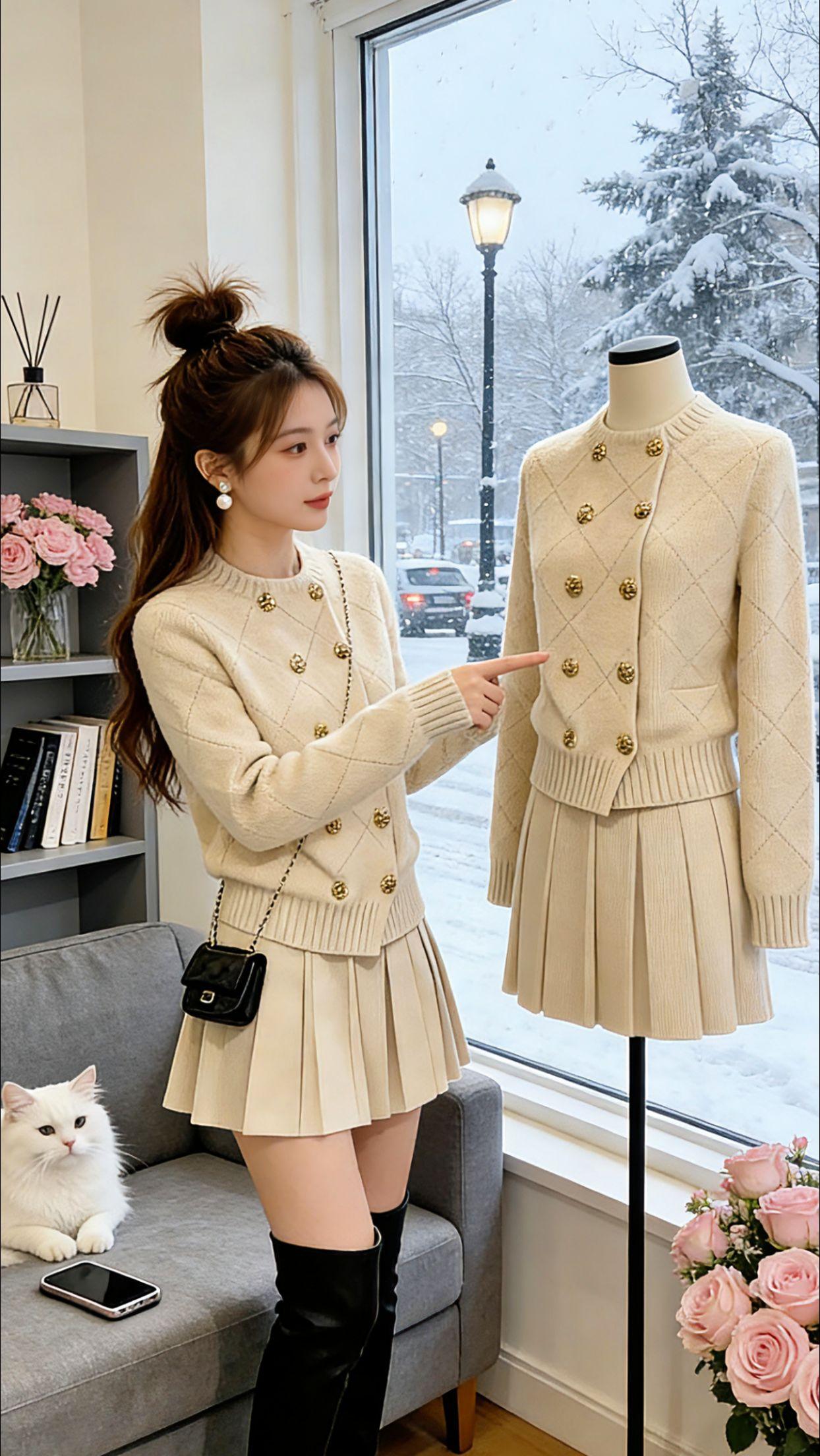 Danny雪天钻进暖融融的小店，这套小香风针织套装直接戳中审美！菱格纹肌理+复古