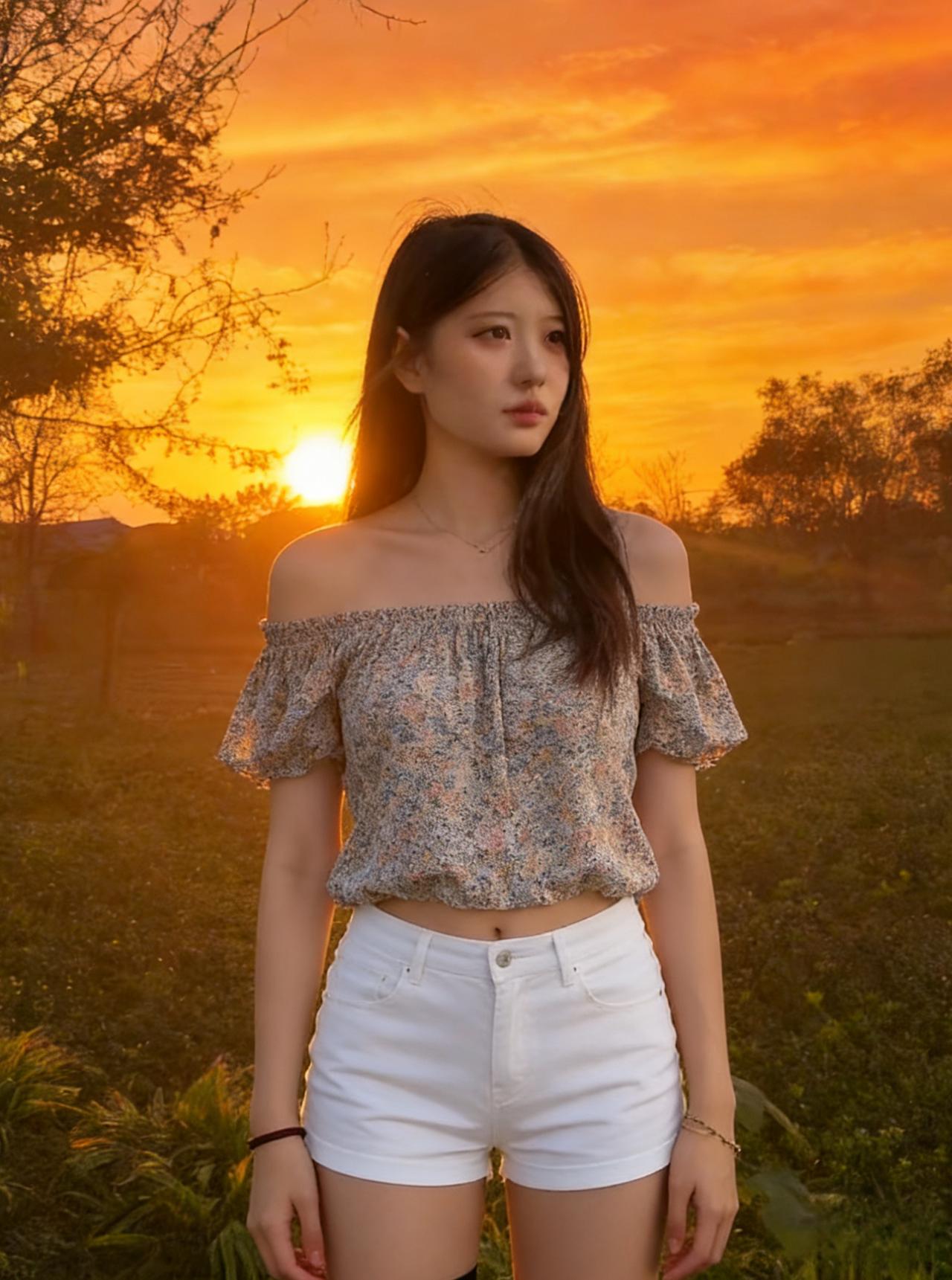 落日把天空烧得滚烫
橙红的光漫过草地
她站在余晖里
一字肩的碎花衫
露出纤细的肩