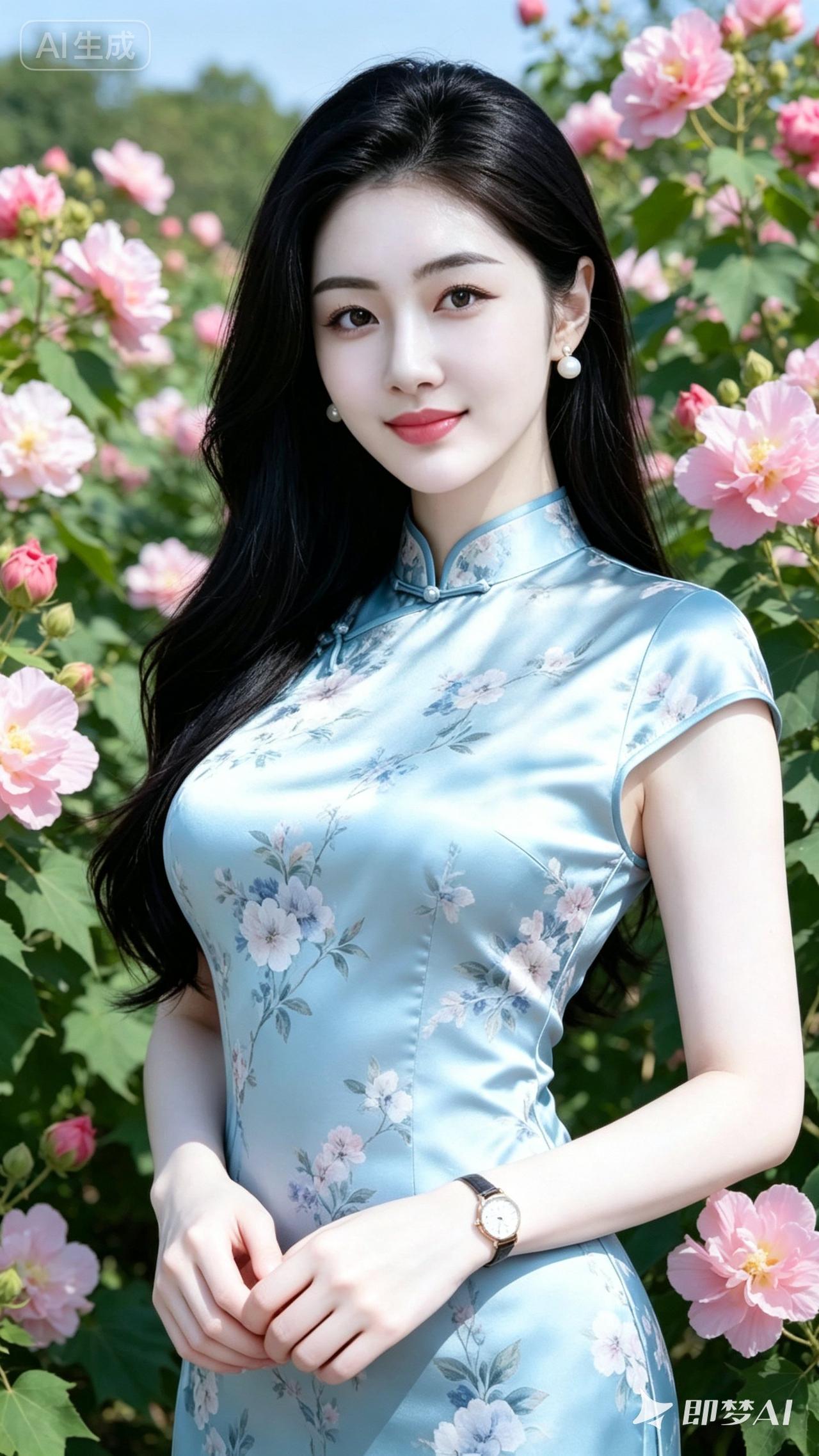 优雅蓝花旗袍，绽放花海中的东方美人