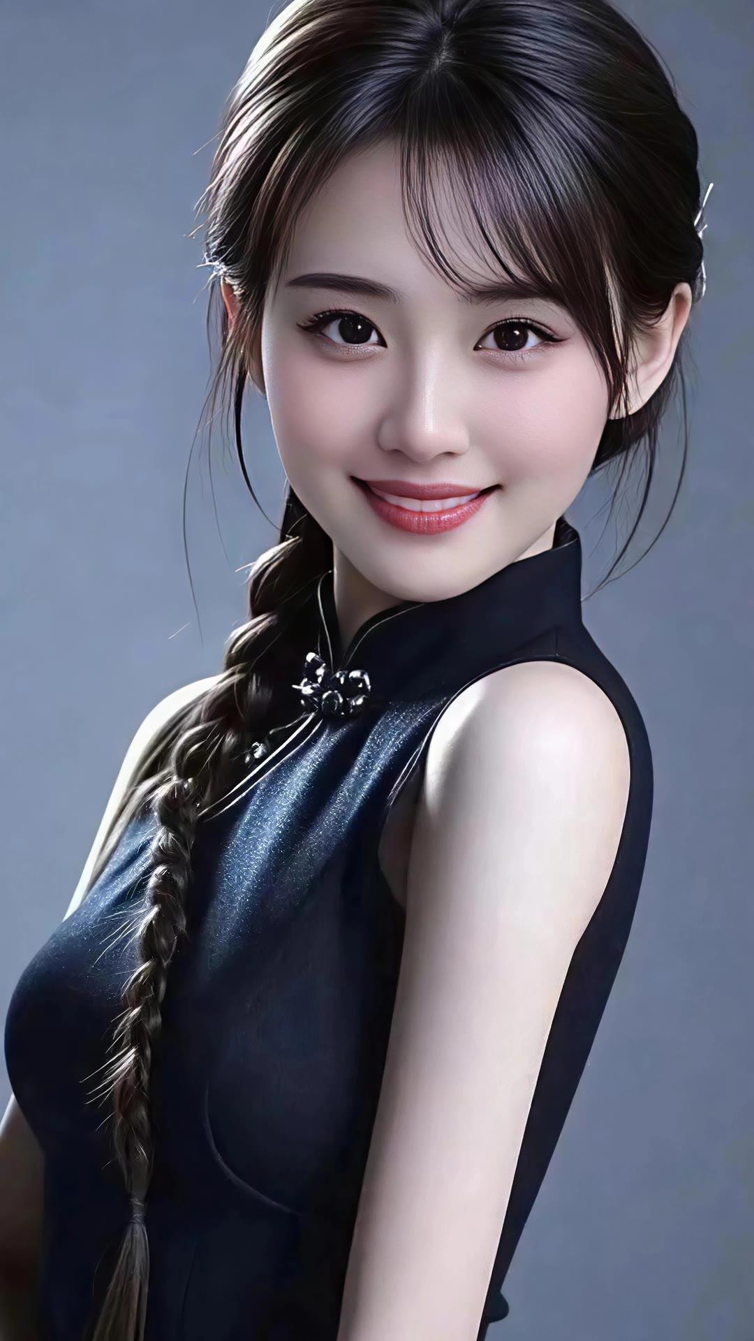 甜美少女风，优雅黑裙，微笑动人