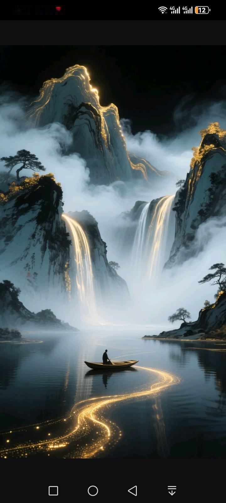 夜色漫过山巅，鎏金勾勒出峰峦的轮廓，飞瀑垂落如碎玉，溅起的水雾晕开了云海。一叶扁