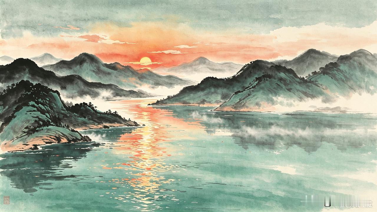 两岸青山横黛色，
一江碧水漾红光。

青山横黛，碧水漾红，山含暮色，水抱流霞。静