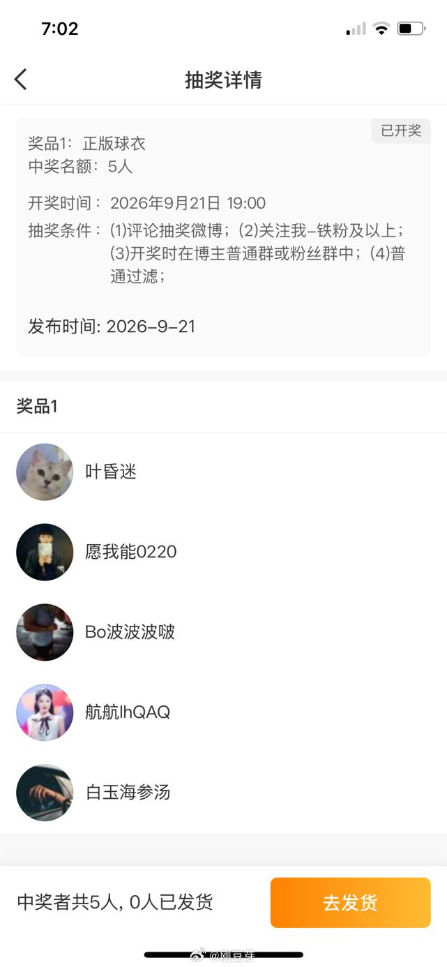 恭喜5位铁粉兄弟喜提官方正品球衣！中奖名单已出，看到信息速速私信归队领奖！每日足