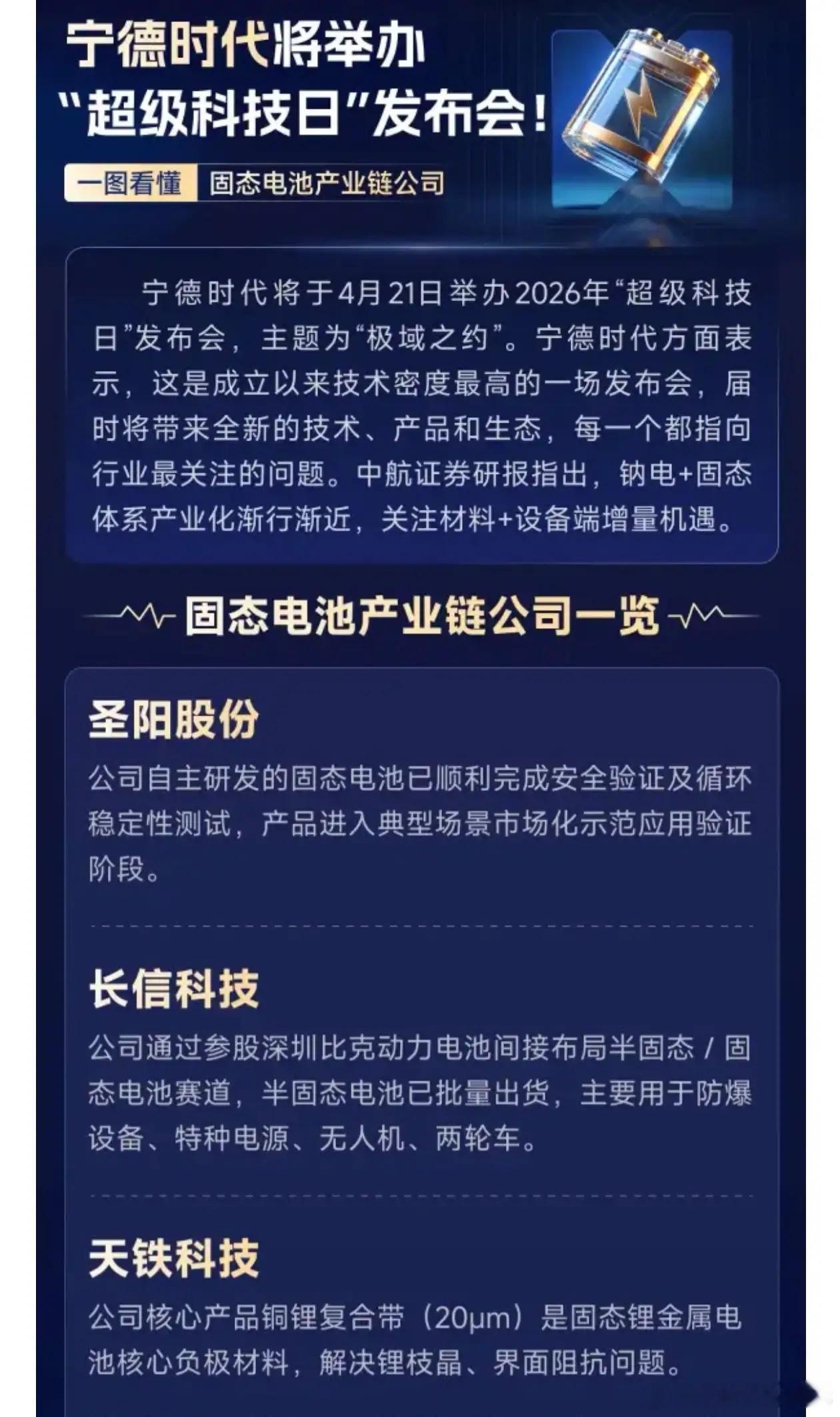 宁德时代将举办“超级科技日”发布会！一图看懂《固态电池产业链公司》 