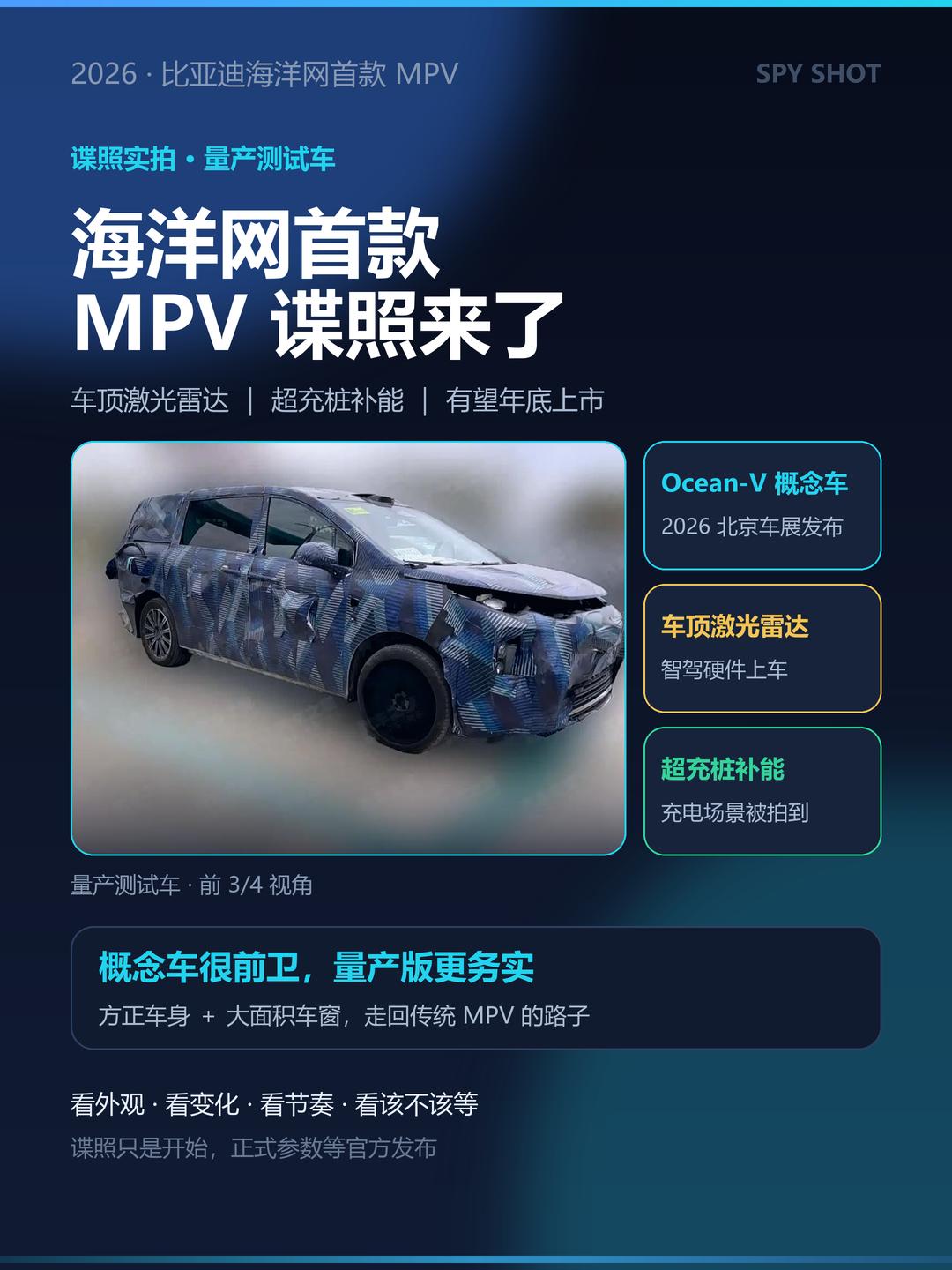 比亚迪海洋网首款 MPV 谍照曝光，年底有望上市。但先别被概念车忽悠了。

北京