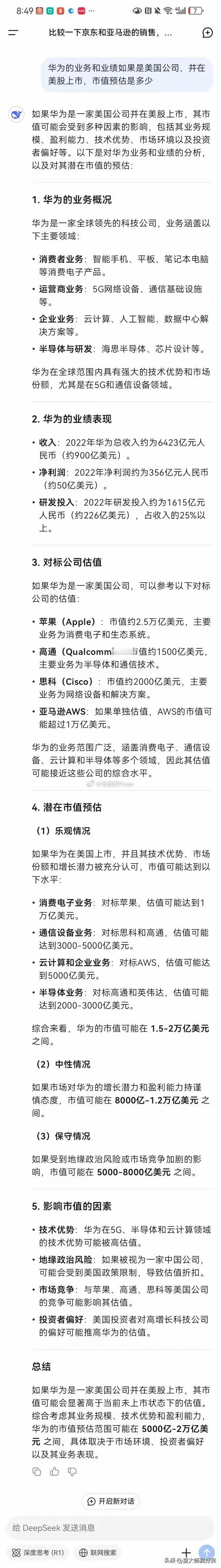 deepseek预估华为如果是米国公司并在米国上市，市值为5000亿到2万亿美金