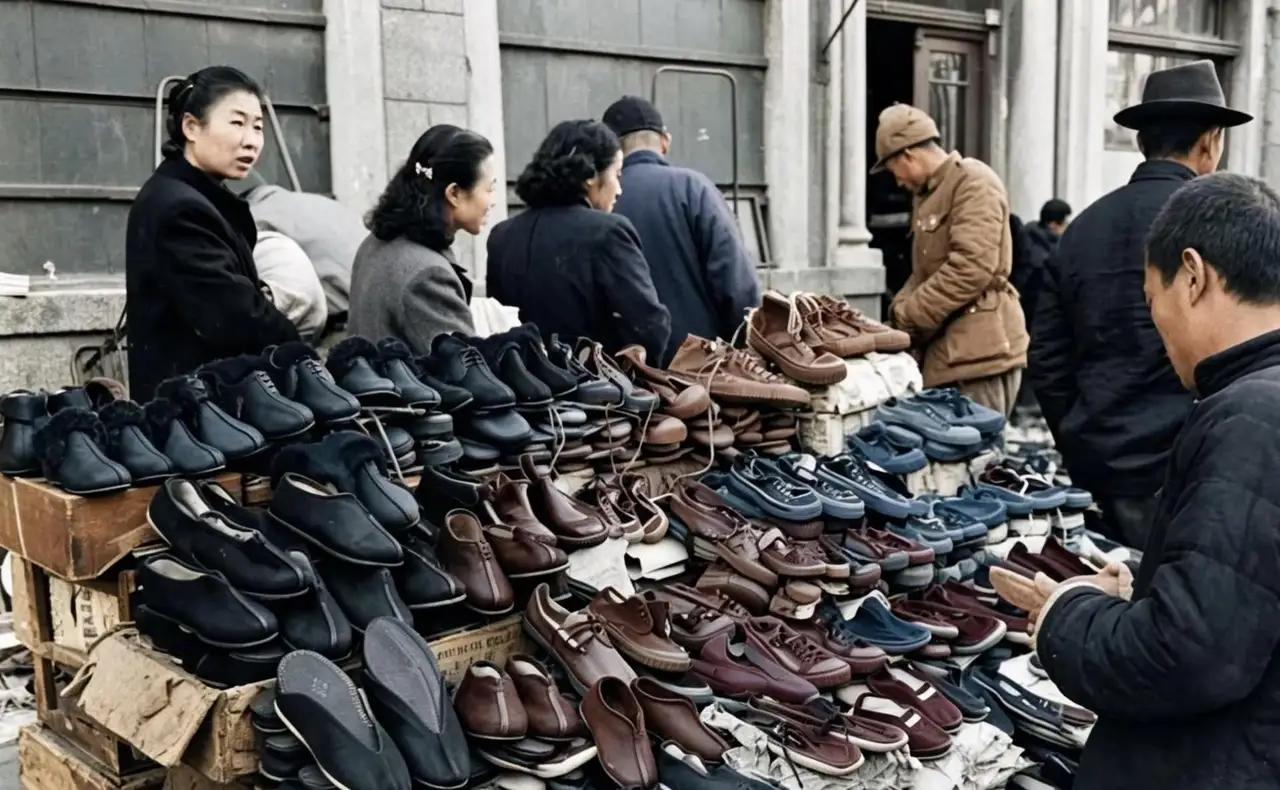 王铎：1948年冬天，青岛市场三路卖的各种棉鞋、胶鞋和皮棉鞋。