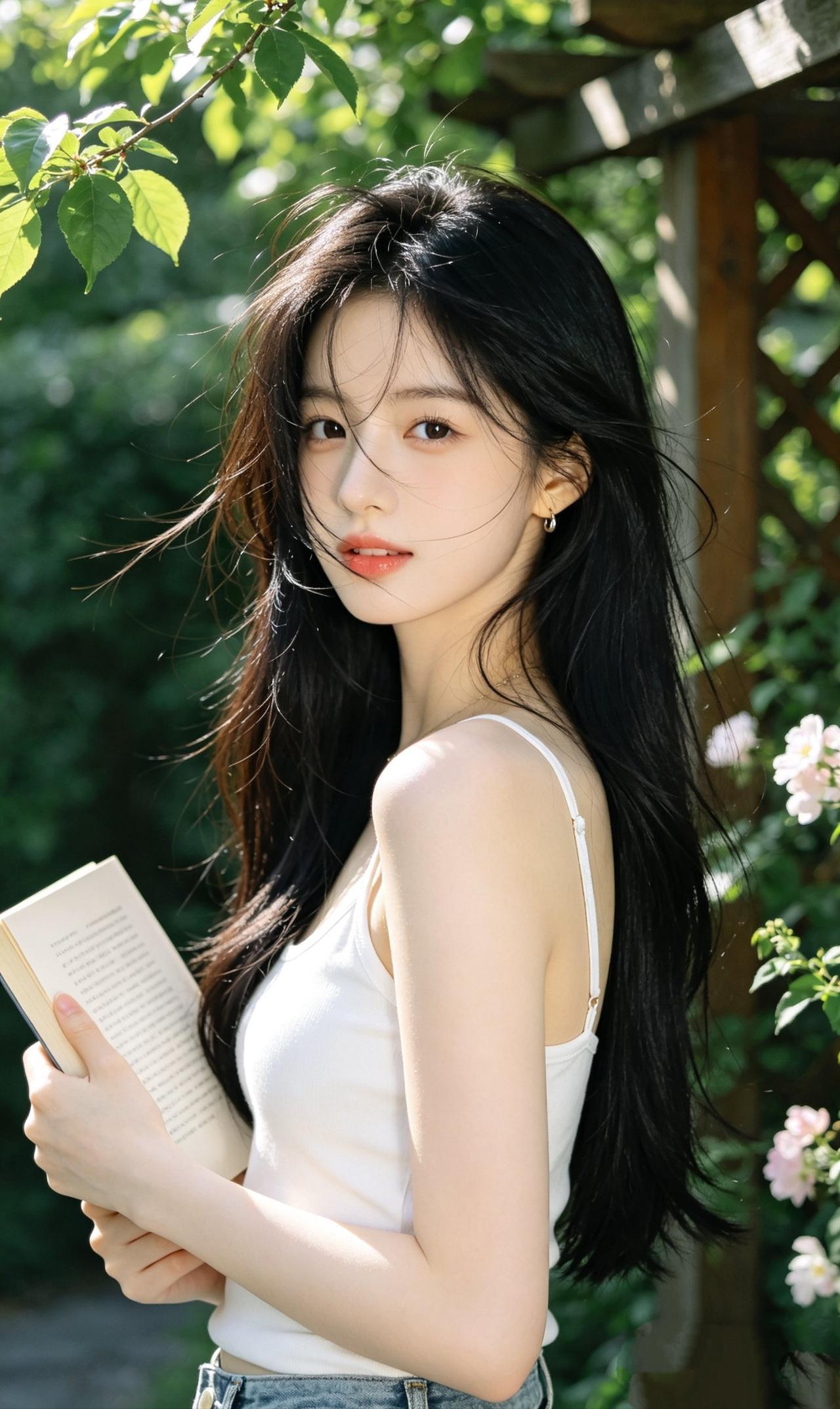 谁懂！庭院里的黑长直书卷少女，清冷又温柔
绿叶繁花、午后逆光，风吹动发丝，书卷氛