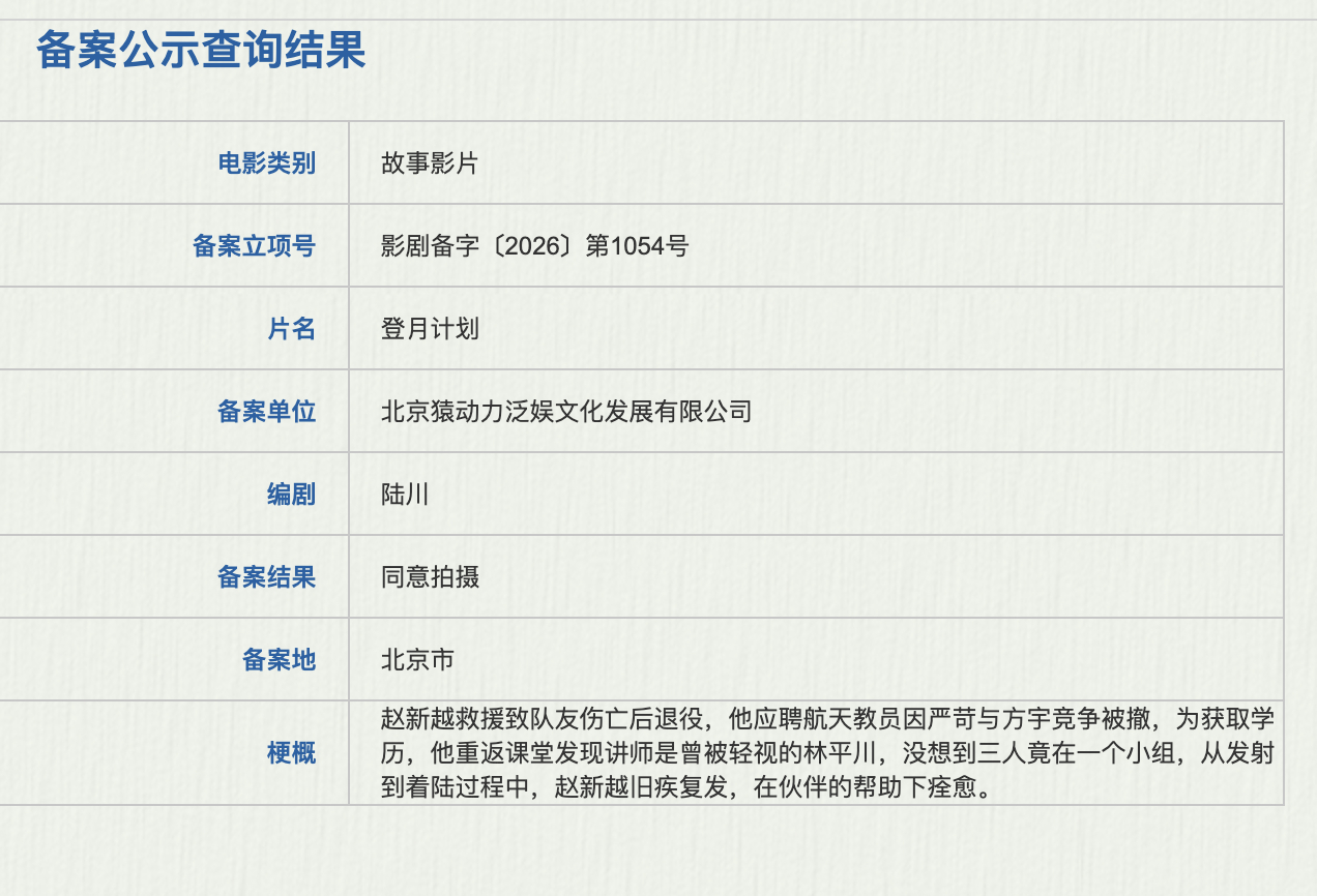 陆川新片登月计划立项 据国家电影局关于2026年7月下全国电影剧本（梗概）备案、