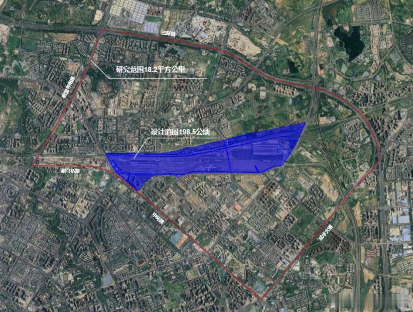 成都动车车辆段上盖，总面积近3000亩，据说拟打造一座空中新城。动车段因铁路分割