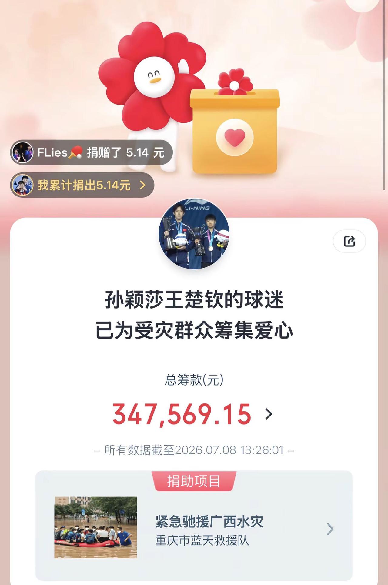 我始终相信派派们是天使。已截止球迷公益捐赠  公益应援 后援会捐款