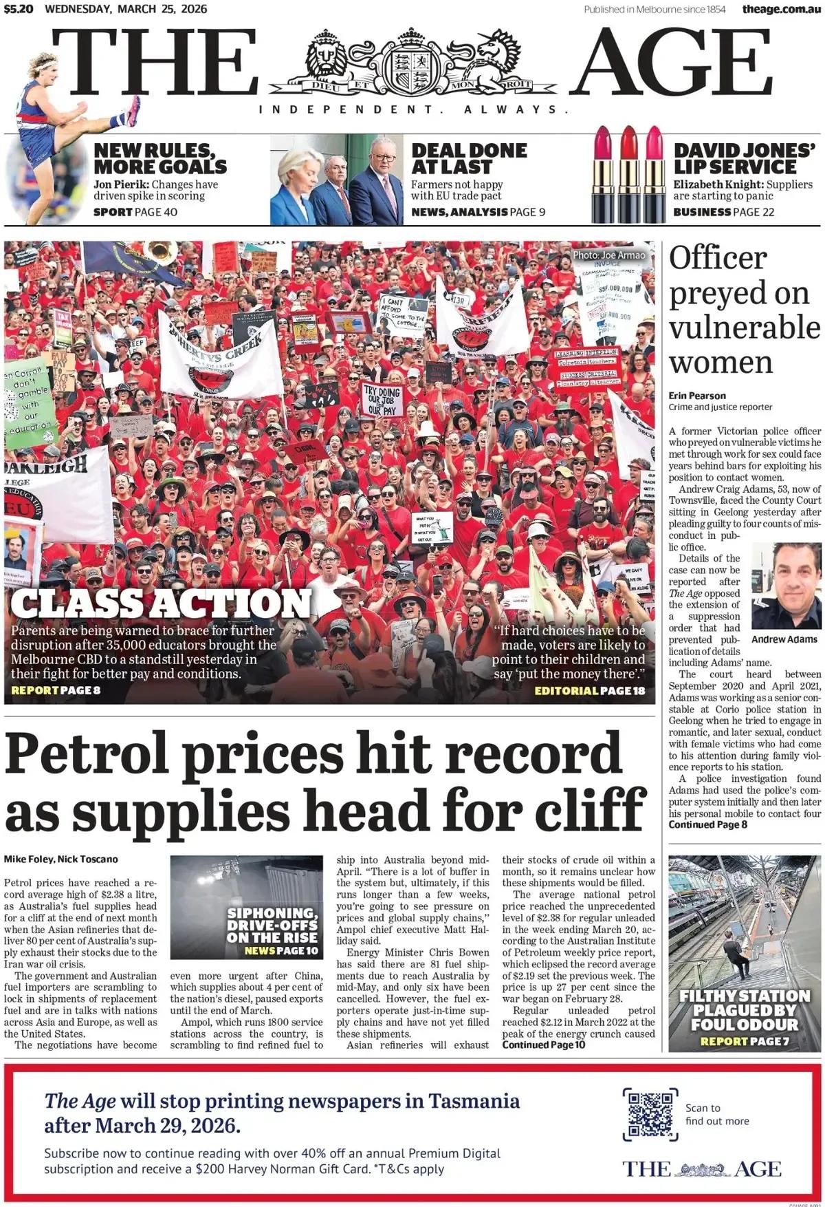 澳大利亚《时代报》头版报道称，由于燃油供应即将枯竭，澳大利亚汽油价格创下历史新高