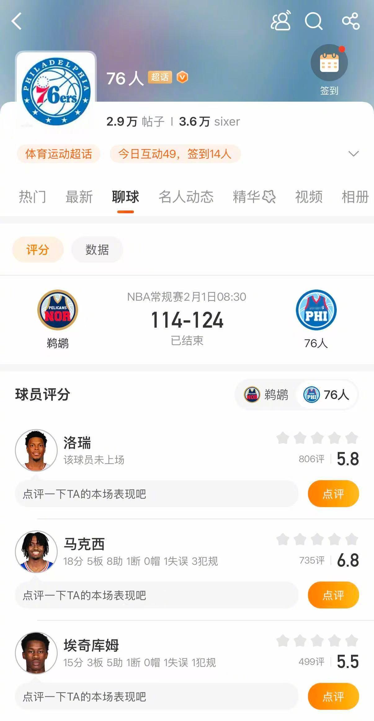 76人战胜鹈鹕 76人124-114战胜鹈鹕。恩比德40分11篮板4助攻，乌布雷