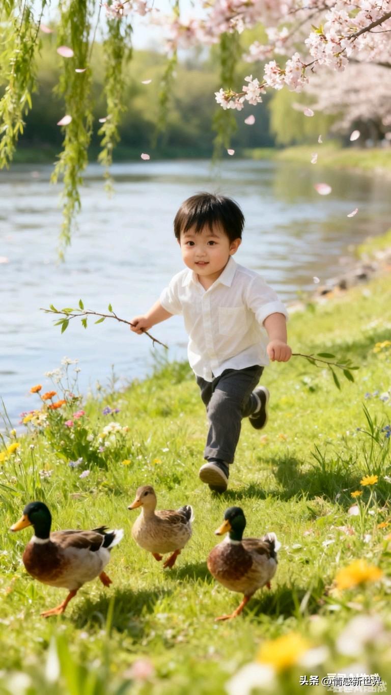春日野餐，萌娃与小鸭子相伴，童趣满满！🌸🦆👶🏻唯美鸭子 萌宝遛鸭子